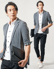 ちょいワル・イケオジメンズ夏の3点コーデセット グレー5分袖テーラードジャケット×白半袖シャツ×黒スリムアンクルチノパンツ