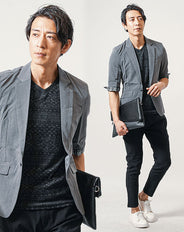 ちょいワル・イケオジメンズ夏の3点コーデセット グレー5分袖テーラードジャケット×黒半袖Tシャツ×黒スリムアンクルチノパンツ