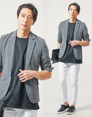 ちょいワル・イケオジメンズ夏の3点コーデセット　グレー5分袖テーラードジャケット×黒半袖Tシャツ×白スリムアンクルチノパンツ