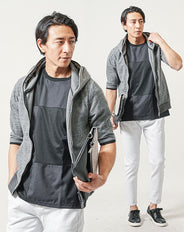 ちょいワル・イケオジメンズ夏の3点コーデセット　グレー5分袖パーカー×黒半袖Tシャツ×白スリムアンクルチノパンツ