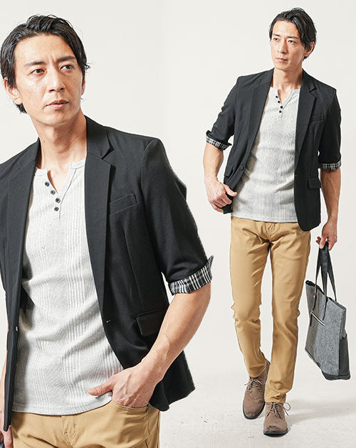 ちょいワル・イケオジメンズ夏の3点コーデセット 黒5分袖テーラードジャケット×グレー半袖Tシャツ×ベージュスリムチノパンツ