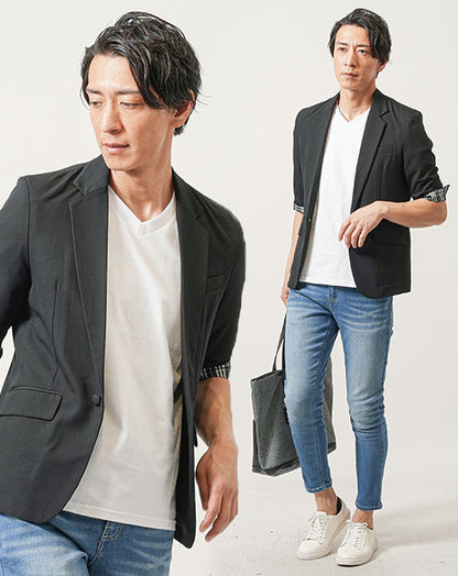 ちょいワル・イケオジメンズ夏の3点コーデセット　黒5分袖テーラードジャケット×白半袖Tシャツ×ブリーチスリムアンクルデニム