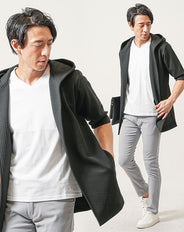 ちょいワル・イケオジメンズ3点コーデセット 黒7分袖ロングパーカー×白半袖Tシャツ×グレースリムチノパンツ