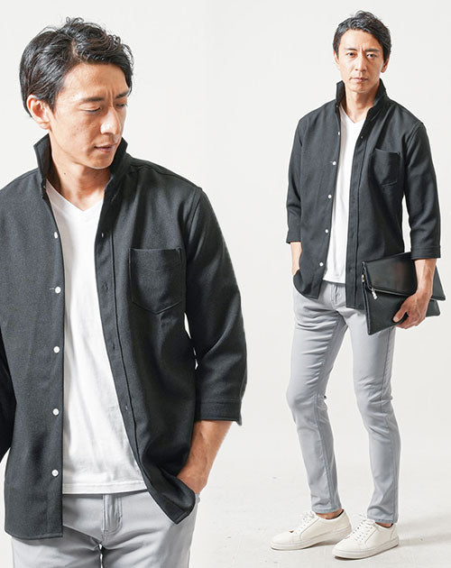 ちょいワル・イケオジメンズ3点コーデセット 黒7分袖シャツ×白半袖Tシャツ×グレースリムチノパンツ