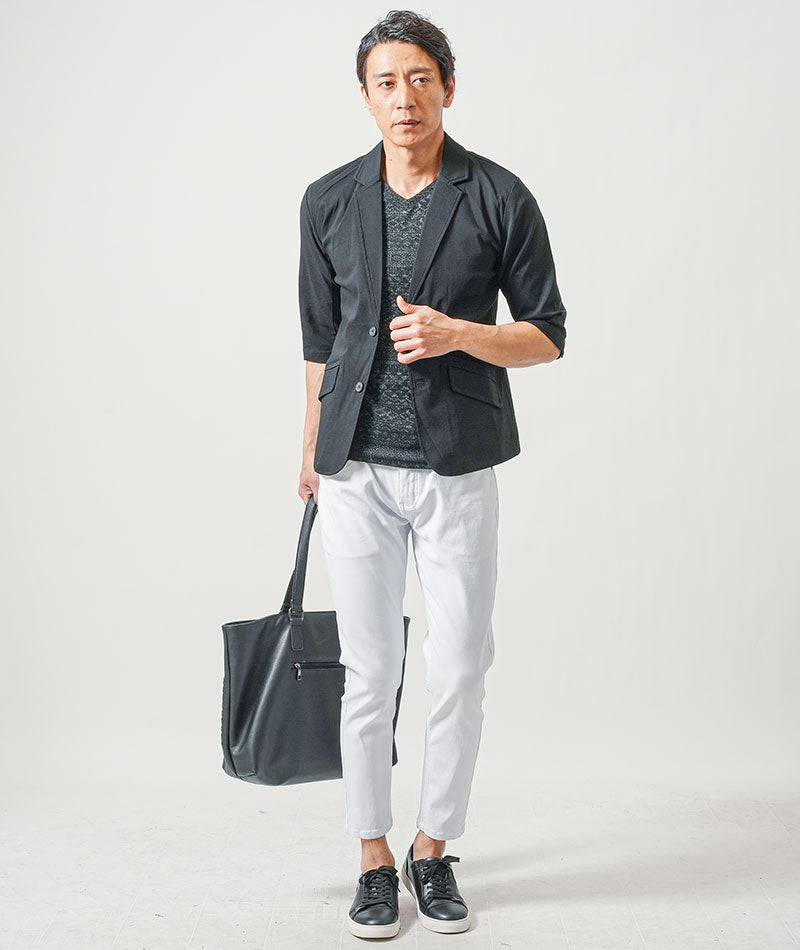 ちょいワル・イケオジメンズ3点コーデセット　黒7分袖テーラードジャケット×黒半袖Tシャツ×白スリムアンクルチノパンツ