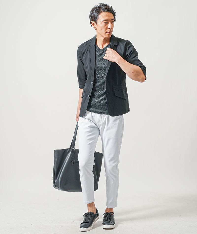 ちょいワル・イケオジメンズ3点コーデセット　黒7分袖テーラードジャケット×黒半袖Tシャツ×白スリムアンクルチノパンツ