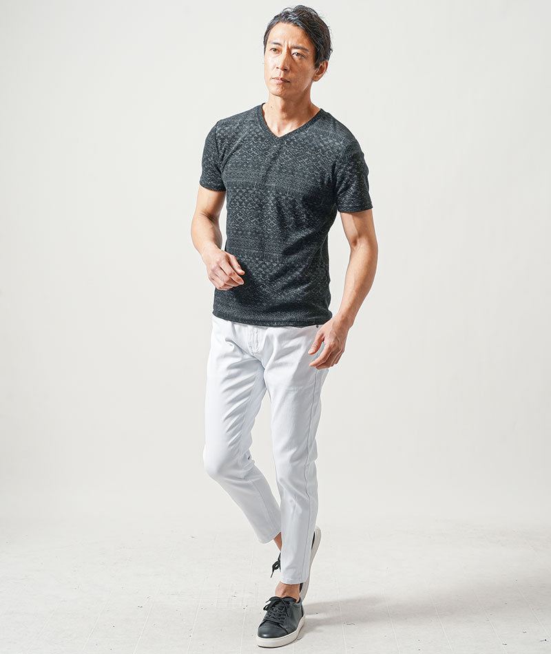 ちょいワル・イケオジメンズ3点コーデセット　黒7分袖テーラードジャケット×黒半袖Tシャツ×白スリムアンクルチノパンツ