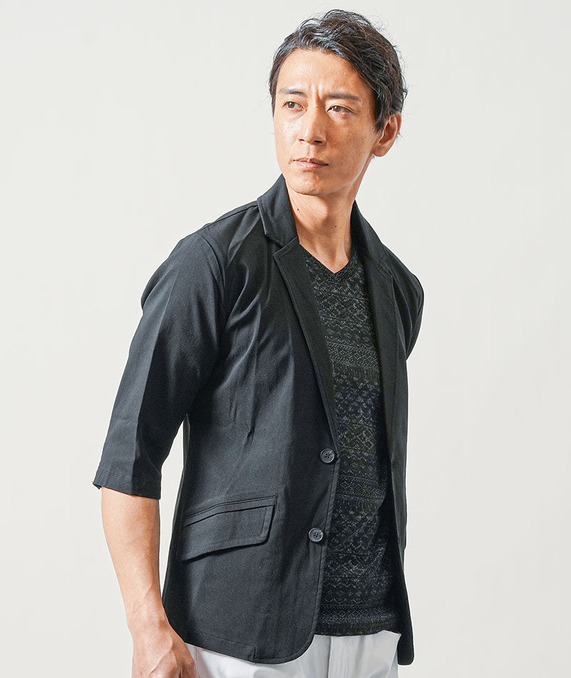 ちょいワル・イケオジメンズ3点コーデセット　黒7分袖テーラードジャケット×黒半袖Tシャツ×白スリムアンクルチノパンツ