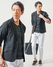 ちょいワル・イケオジメンズ3点コーデセット　黒7分袖テーラードジャケット×黒半袖Tシャツ×白スリムアンクルチノパンツ