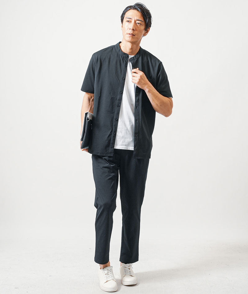 ちょいワル・イケオジメンズセットアップ3点コーデセット　黒半袖シャツ×白半袖Tシャツ×黒ストレッチイージーパンツ