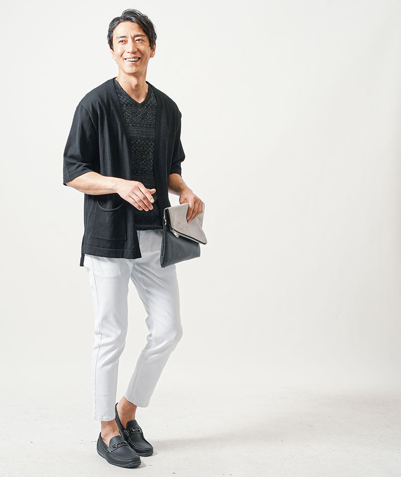 【服選びに迷わない全身コーディネートセット】ちょいワル・イケオジメンズ3点コーデセット　黒5分袖サマーカーディガン×黒半袖Tシャツ×白スリムアンクルチノパンツ