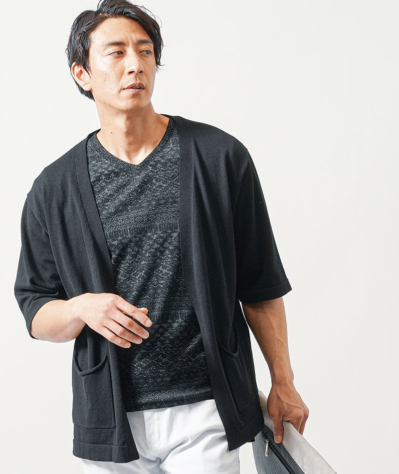 【服選びに迷わない全身コーディネートセット】ちょいワル・イケオジメンズ3点コーデセット　黒5分袖サマーカーディガン×黒半袖Tシャツ×白スリムアンクルチノパンツ