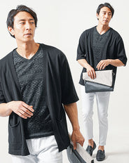 ちょいワル・イケオジメンズ3点コーデセット　黒5分袖サマーカーディガン×黒半袖Tシャツ×白スリムアンクルチノパンツ