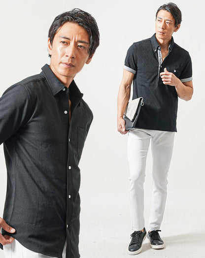 ちょいワル・イケオジメンズ3点コーデセット　黒7分袖シャツ×黒半袖ポロシャツ×白スリムチノパンツ