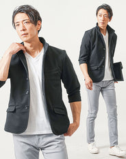 ちょいワル・イケオジメンズ3点コーデセット　黒7分袖ジャケット×白半袖Tシャツ×グレースリムチノパンツ