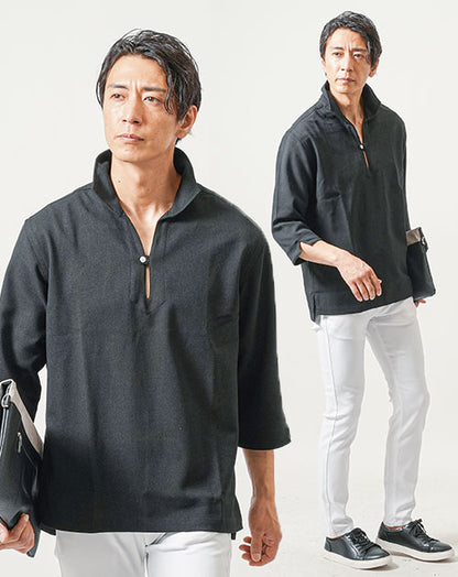 ちょいワル・イケオジメンズ2点コーデセット　黒7分袖カプリシャツ×白スリムチノパンツ
