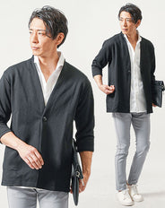 ちょいワル・イケオジメンズ3点コーデセット　黒7分袖カーディガン×白7分袖シャツ×グレースリムチノパンツ