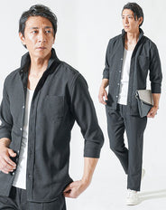 ちょいワル・イケオジメンズ夏のセットアップ3点コーデセット　黒7分袖シャツ×白タンクトップ×黒イージーパンツ