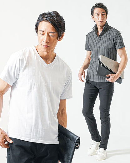 ちょいワル・イケオジメンズ夏の3点コーデセット　グレー半袖ポロシャツ×白半袖Tシャツ×黒ストレッチチノパンツ