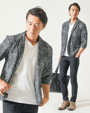 ちょいワル・イケオジメンズ夏の3点コーデセット　黒7分袖テーラードジャケット×白半袖Tシャツ×黒スリムチノパンツ
