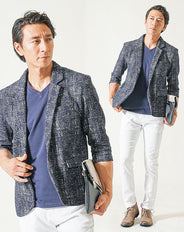 ちょいワル・イケオジメンズ夏の3点コーデセット　ネイビー7分袖テーラードジャケット×ネイビー半袖VネックTシャツ×白スリムチノパンツ