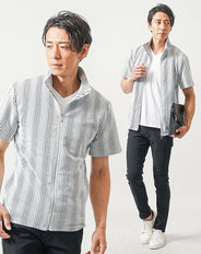 ちょいワル・イケオジメンズ夏の3点コーデセット　白黒半袖ブルゾンジャケット×白半袖Tシャツ×黒スリムチノパンツ