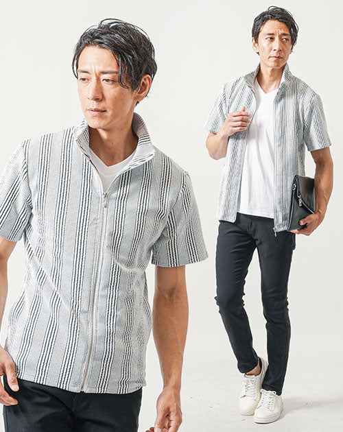 ちょいワル・イケオジメンズ夏の3点コーデセット　白黒半袖ブルゾンジャケット×白半袖Tシャツ×黒スリムチノパンツ