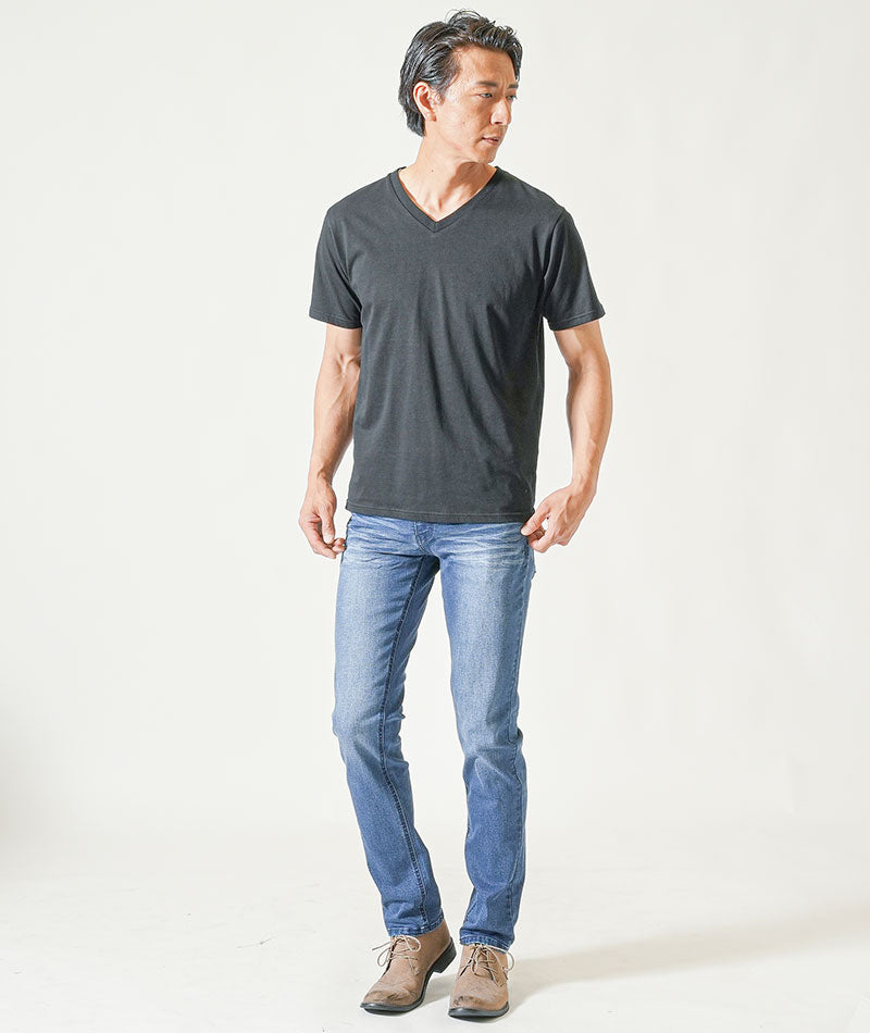ちょいワル・イケオジメンズ夏の3点コーデセット　黒グレー7分袖サマージャケット×黒半袖Tシャツ×ブルーストレッチデニムパンツ