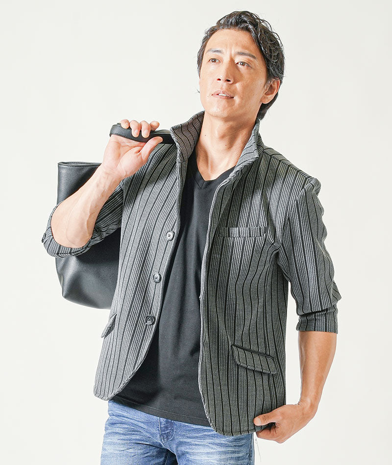 ちょいワル・イケオジメンズ夏の3点コーデセット　黒グレー7分袖サマージャケット×黒半袖Tシャツ×ブルーストレッチデニムパンツ