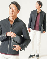 ちょいワル・イケオジメンズ3点コーデセット　黒長袖ライダースジャケット×杢ワイン長袖Tシャツ×白スリムテーパードパンツ