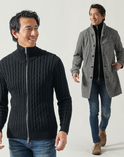 ちょいワル・イケオジメンズ冬服全身3点コーデセット　グレンチェックロングコート×黒ドライバーズニットジャケット×インディゴデニムパンツ