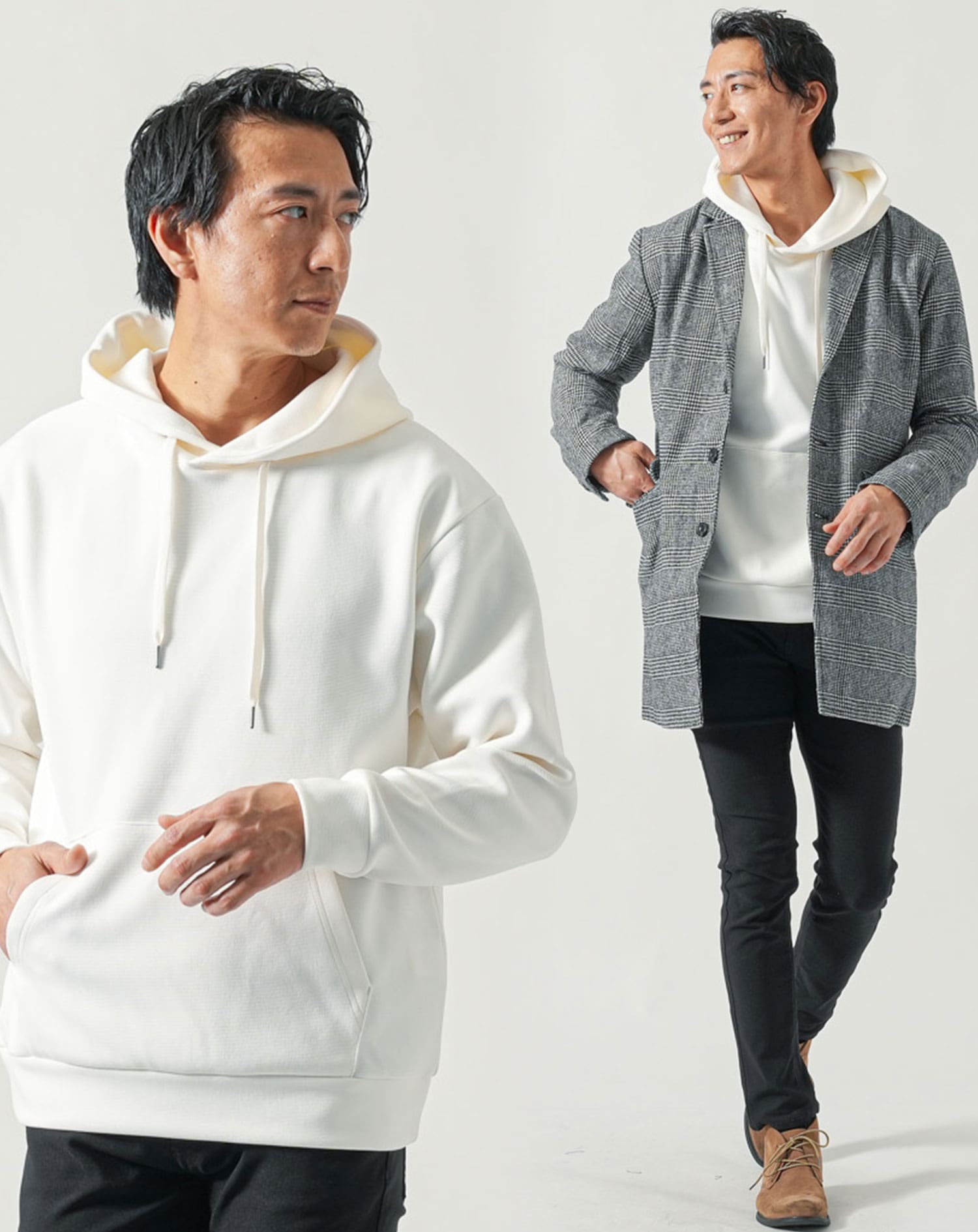 ちょいワル・イケオジメンズ冬服全身3点コーデセット　グレンチェックチェスターロングコート×白長袖パーカー×黒チノパンツ 冬 マネキン買い 防寒 暖かい モノトーン 全身 男性 デート 服装 コーディネート アウター インナー ズボン ボトムス 30代 40代 50代 60代 ちょい悪オヤジ スリム 細身 おじさん かっこいい