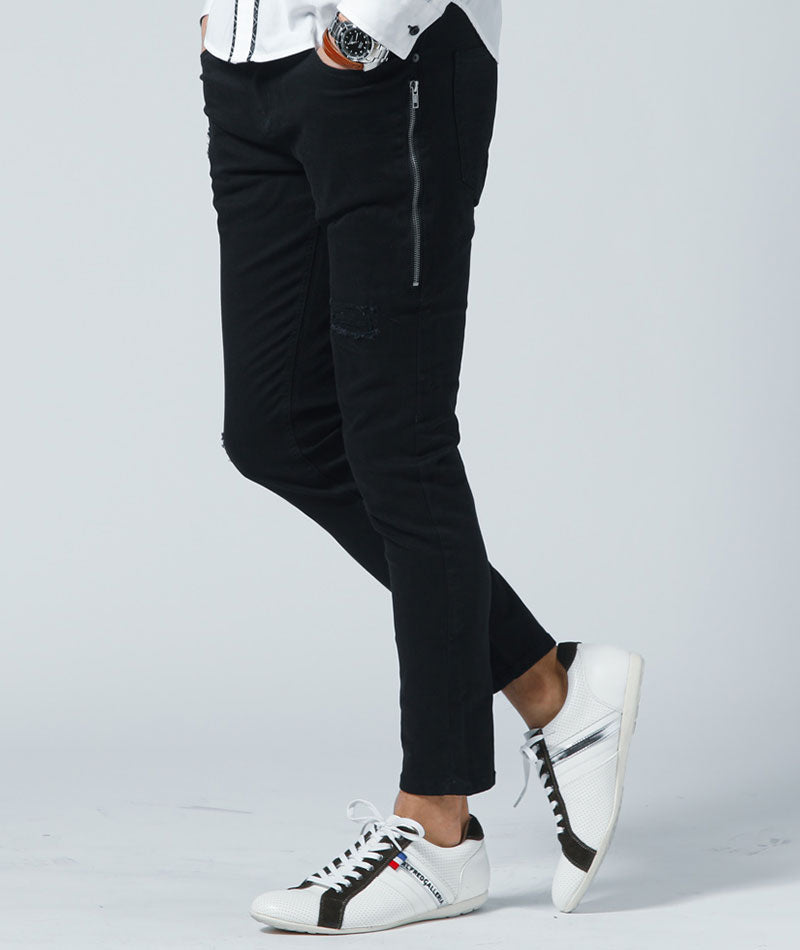 サイドジップスキニーテーパードストレッチパンツ