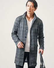 総柄プリントワイヤー入りイタリアンスタンドカラーセミロングコート