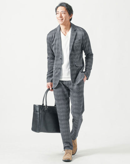 総柄セットアップ　ヘリンボーン長袖テーラードジャケット×イージーテーパードパンツ