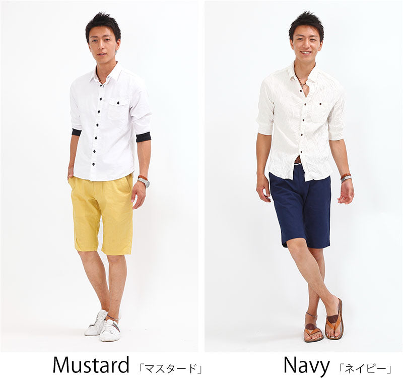 シンプル麻混ハーフパンツ