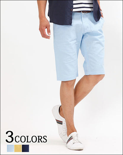 シンプル麻混ハーフパンツ