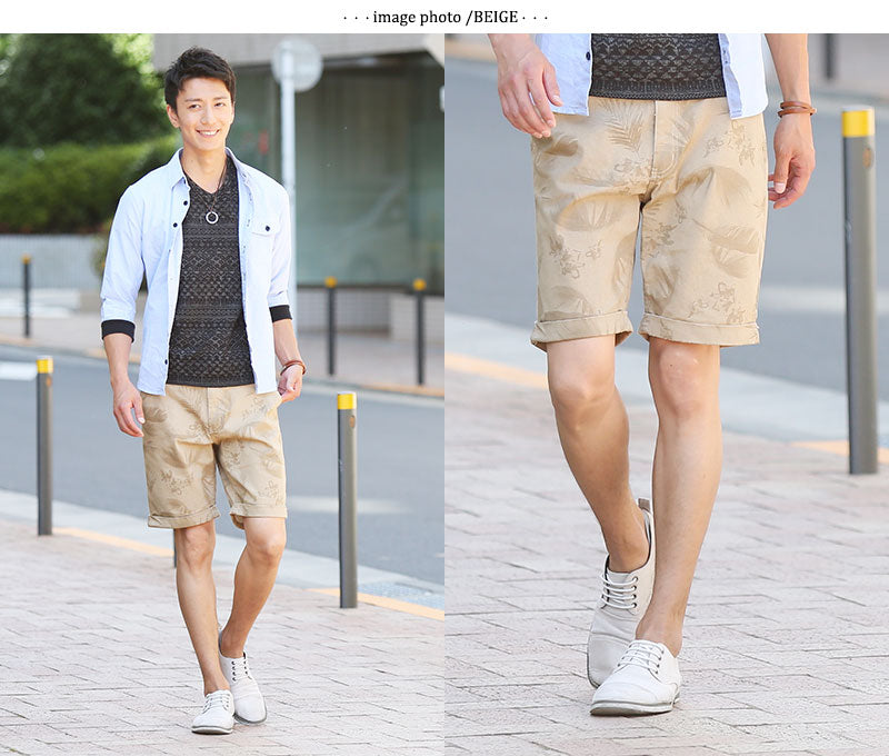 ストレッチ加工総柄ハーフパンツ