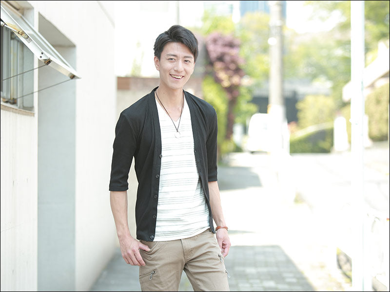 ランダムボーダーカットソー×5分袖カーディガン　2点セット