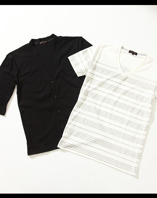 ランダムボーダーカットソー×5分袖カーディガン　2点セット