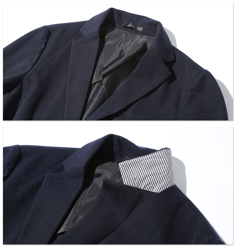 ネイビーストレッチテーラードジャケット×ストライプ半袖シャツ 30代メンズ2点トップスコーデセット biz