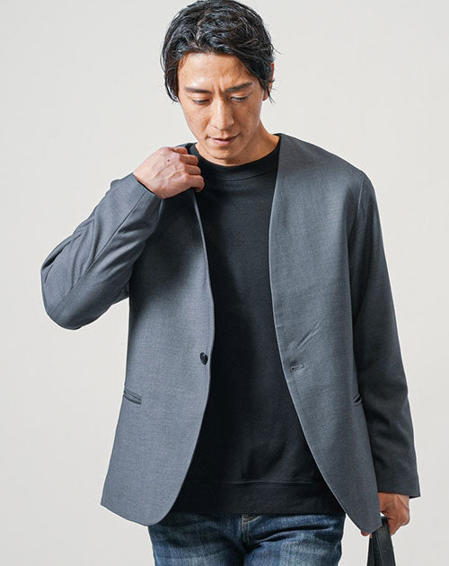 1ボタン長袖ストレッチノーカラージャケット