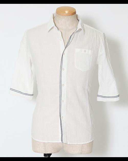 チェーン刺繍デザイン麻混７分袖シャツ