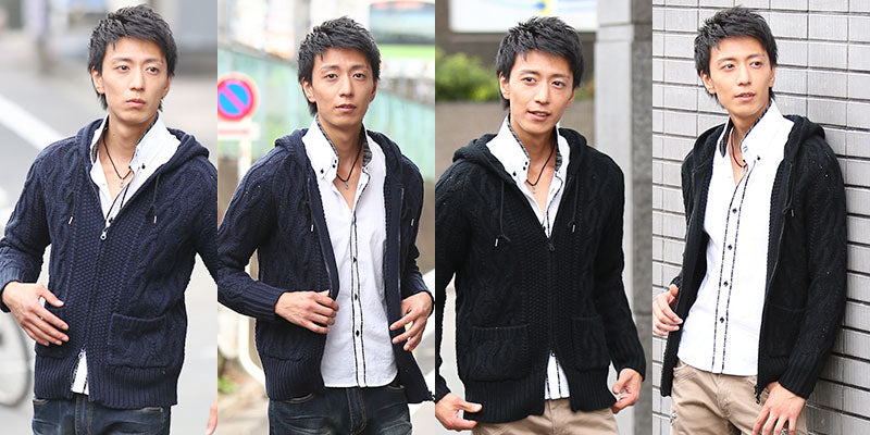 ケーブル編み長袖パーカー