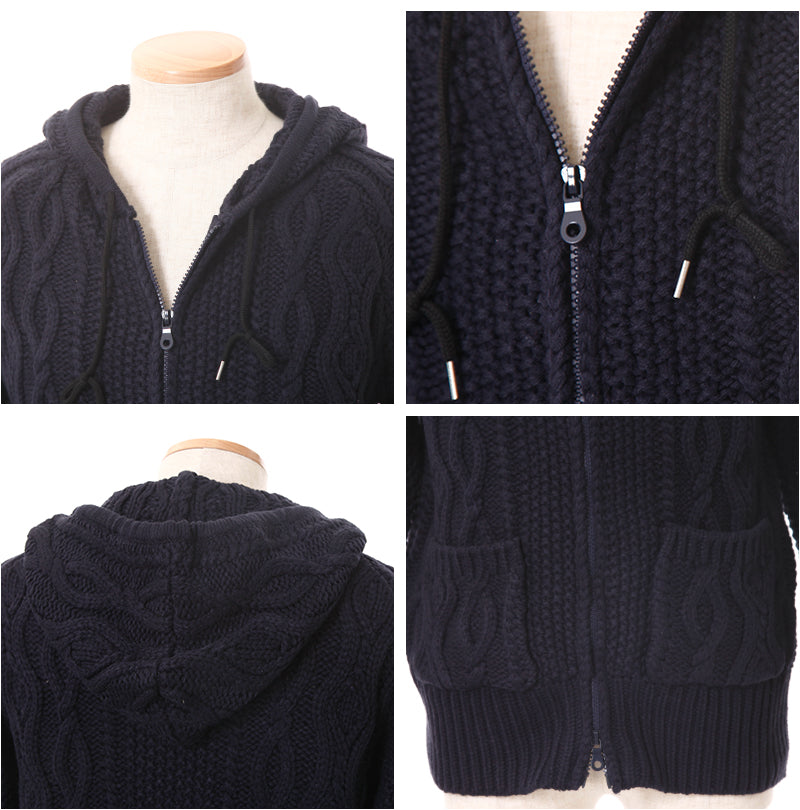 ケーブル編み長袖パーカー