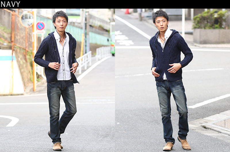 ケーブル編み長袖パーカー