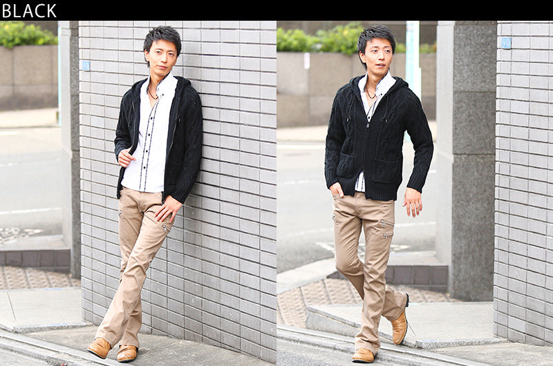 ケーブル編み長袖パーカー