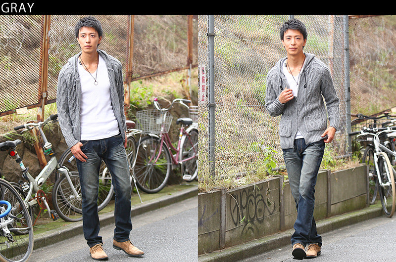 ケーブル編み長袖パーカー