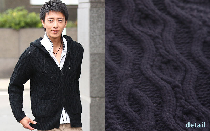 ケーブル編み長袖パーカー