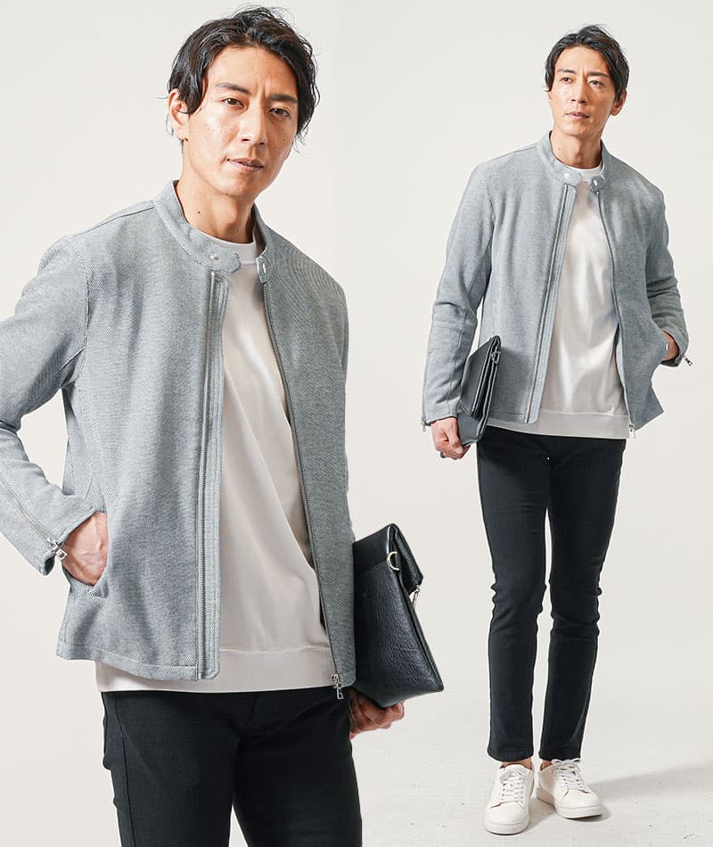 カット素材長袖シングルライダースジャケット